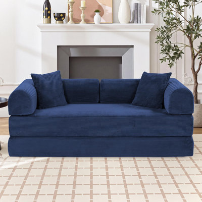 64.5"  Corduroy Sleeper Sofa Boneless Modular Sofa Bed Compression Foam Couch Bed With 2 Pillows and Fixed Frame, Blue