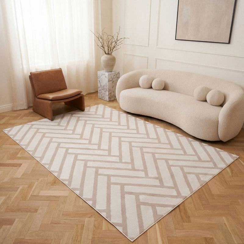 Loft Modern Chevron Living Room Area Rug and Runner Soft Pile, Rectangle 80 x 150 cm, Beige/Ivory