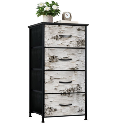 Commode pour la chambre à coucher avec 4 tiroirs de rangement Écorce de bouleau blanc Noeuds naturels Lignes horizontales Commode Commode en tissu avec cadre en acier pour vestibule
