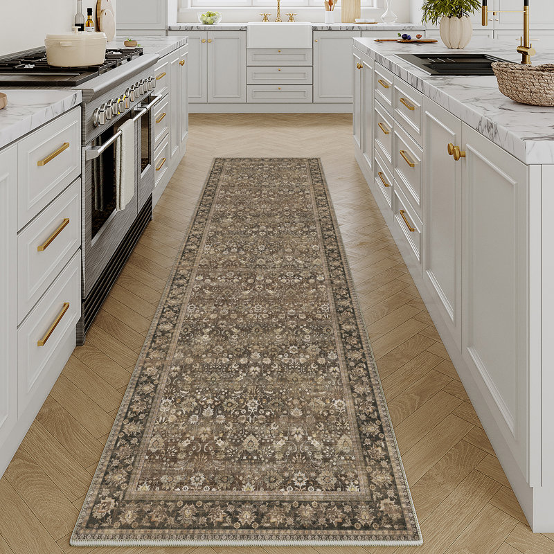 Kitty Machine Washable Oriental Area Rug with Non-Slip Backing, Runner 2' x 8', Brown