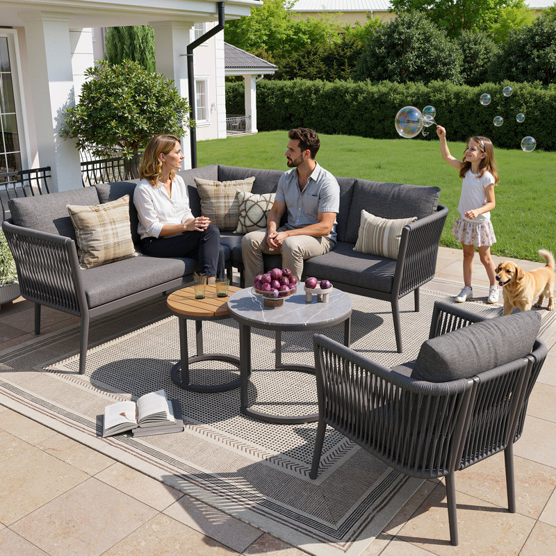 6 - Person Rope Garden Lounge Set Modular Sofa Set With Table, Grey
