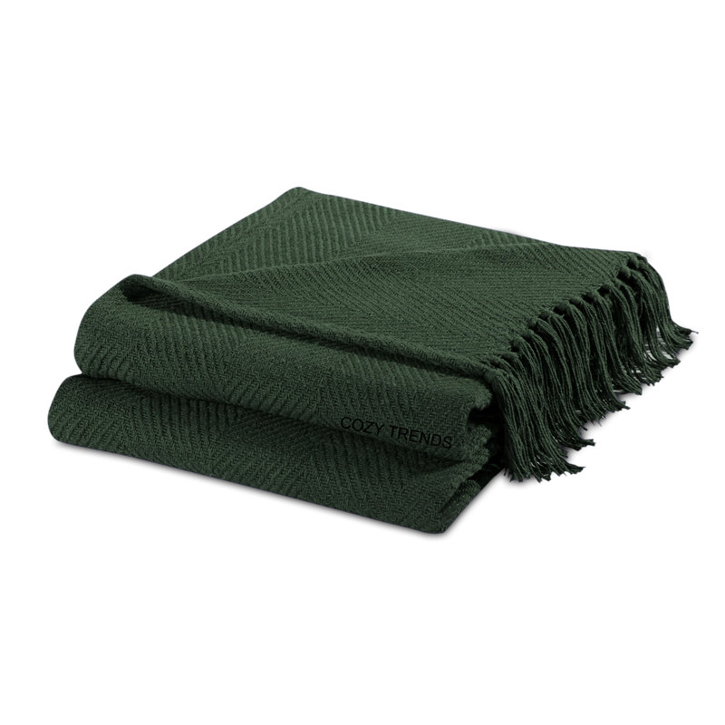 Jeté 100% coton, Vert foncé, Chervon / couleur unie