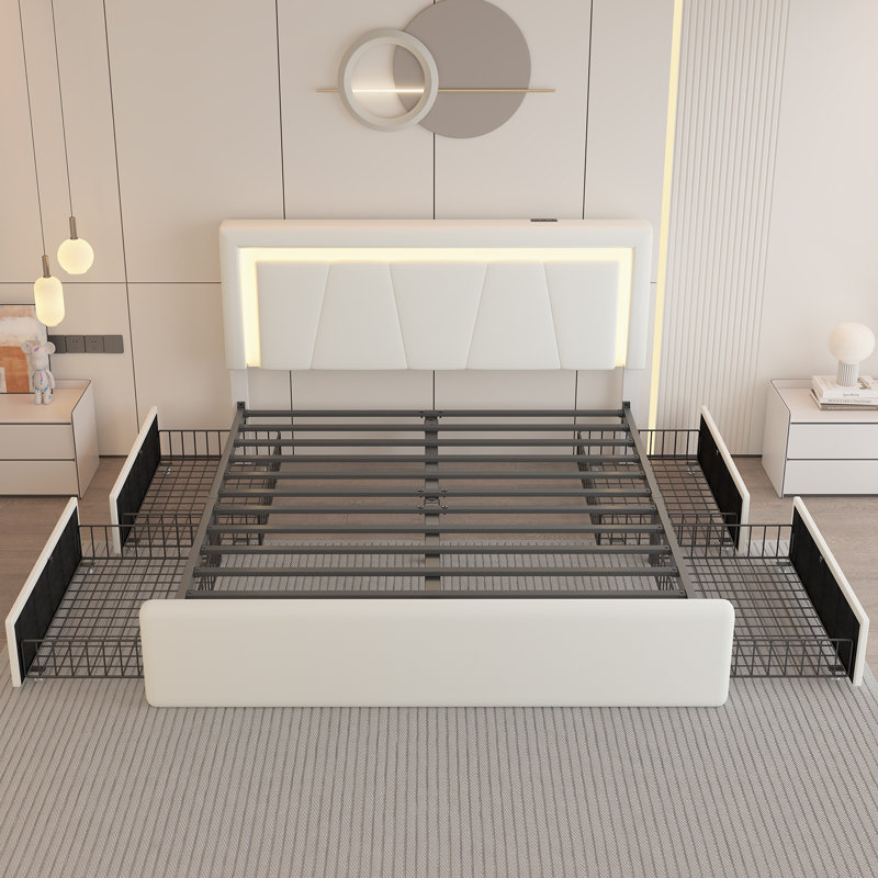Upholstered Bed Frame with 4 Large Drawers,RGB LED Lights, Adjustable Headboard, Easy to Assemble, White, Queen
