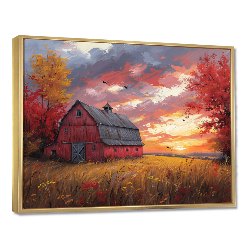 «Autumn Red Barn Breeze II» - reproduction d'art murale grange, H 16 po x l 32 po x P 1 po, Toile avec cadre flottant or
