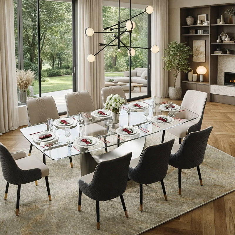 Modern Glass Dining Table with Pedestal Base, Rectangular Tempered Glass Top for 4-8, Clear/Gray, 30.70”H x 93.7”L x 39.76”W