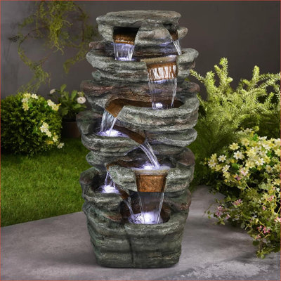 Fontaines | Fontaine à cascade traditionnelle 48 "à 6 niveaux avec lumières DEL pour patio | Résine | Pierre
