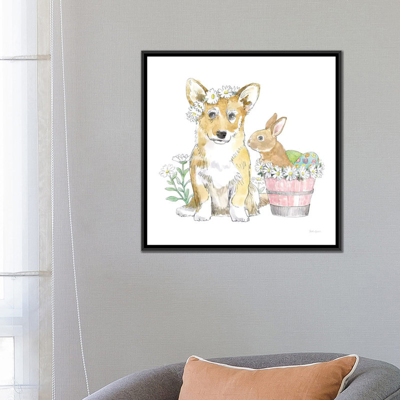 « pâques pups i », impression sur toile, H 18 po x l 18 po x P 1,5 po, Toile avec cadre noir, Pas de tapis