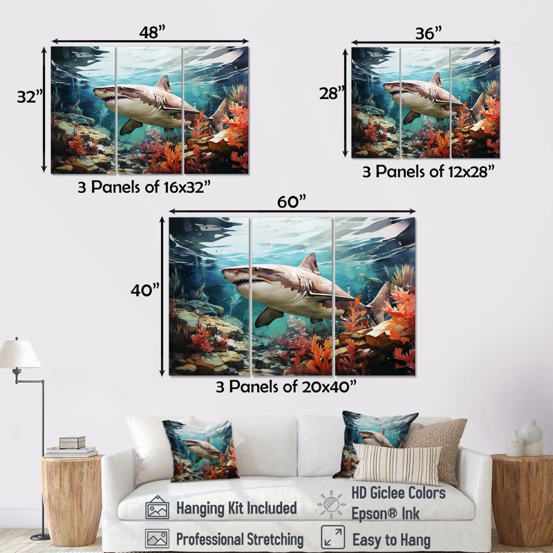 Silent Hunter Sharks Portrait IV - Coastal Coral Under Water, ensemble d'art sur toile, H 28 po x l 36 po