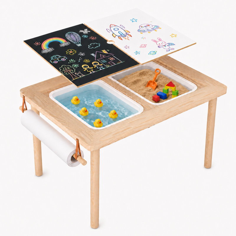 Wooden Sensory Table for Toddlers, Kids Activity Table with 2 Removable Storage Bins, Double-Sided Tabletops, Paper Roll and Holder for Sand and Water Play