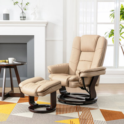 32" Contemporary Leather Recliner and Ottoman with Swiveling Mahogany Wood Base