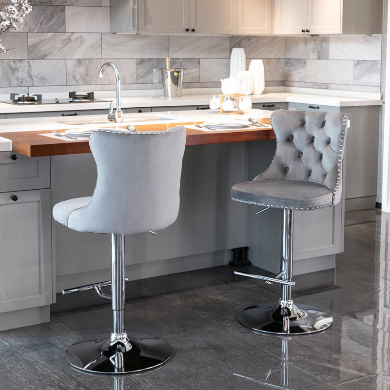 Julias Upholstered Adjustable Height Counter Stool, Gray/Chrome