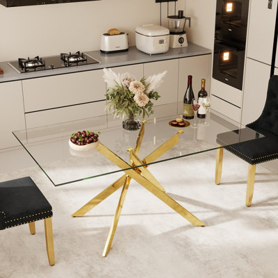 Rectangular Clear Tempered Glass Dining Table, Modern Minimalist Table with Crossed X‑Shaped Metal Legs for Kitchen, Dining Room & Small Apartment