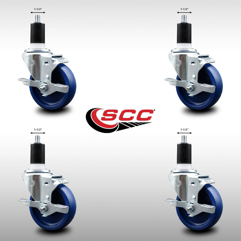 4 Inch SS Solid Poly Swivel 1-1/2 Inch Expanding Stem Caster Set with Brake SCC