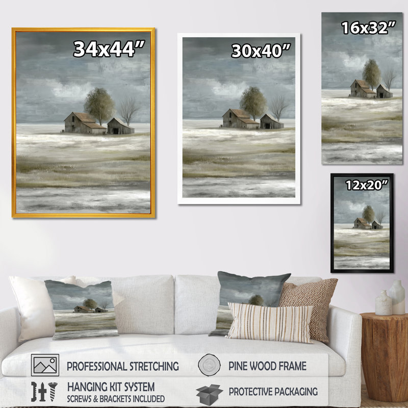 «White Grey Farmhouse In Winter Countryside Landscape - Barn Farm Ranch, reproduction d'art sur toile encadrée, blanc ferme