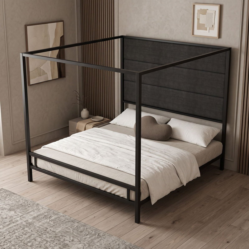 Lit à baldaquin en métal avec tête de lit tapissier, Black Dark Gray, King