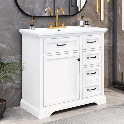 36" Bathroom Vanity With Sink, Ceramic Sink, 2 Tip-Out Drawers, Soft Close Door Hinges, White