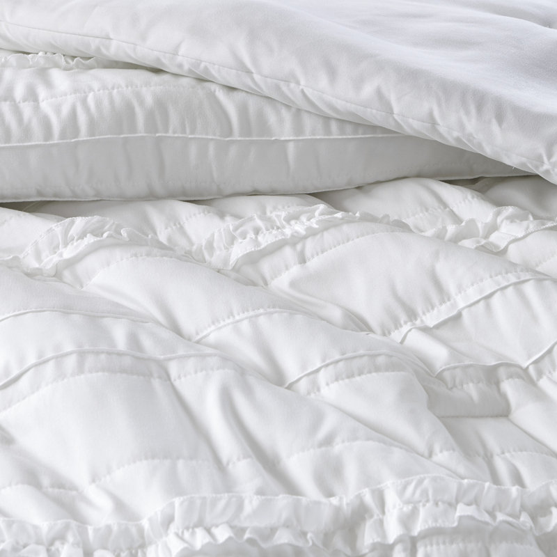 5 Piece White Microfiber Comforter For King Bed With Alluring Ruffles Size In Microfiber, Intriguing Ruffled Design