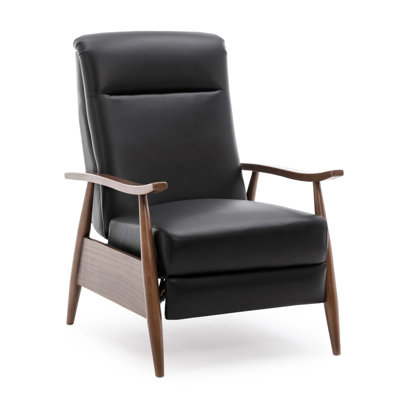 Luxueux fauteuil inclinable en cuir avec accoudoirs en bois pour un confort et une détente ultimes, idéal pour le divertissement à domicile et les loisirs.