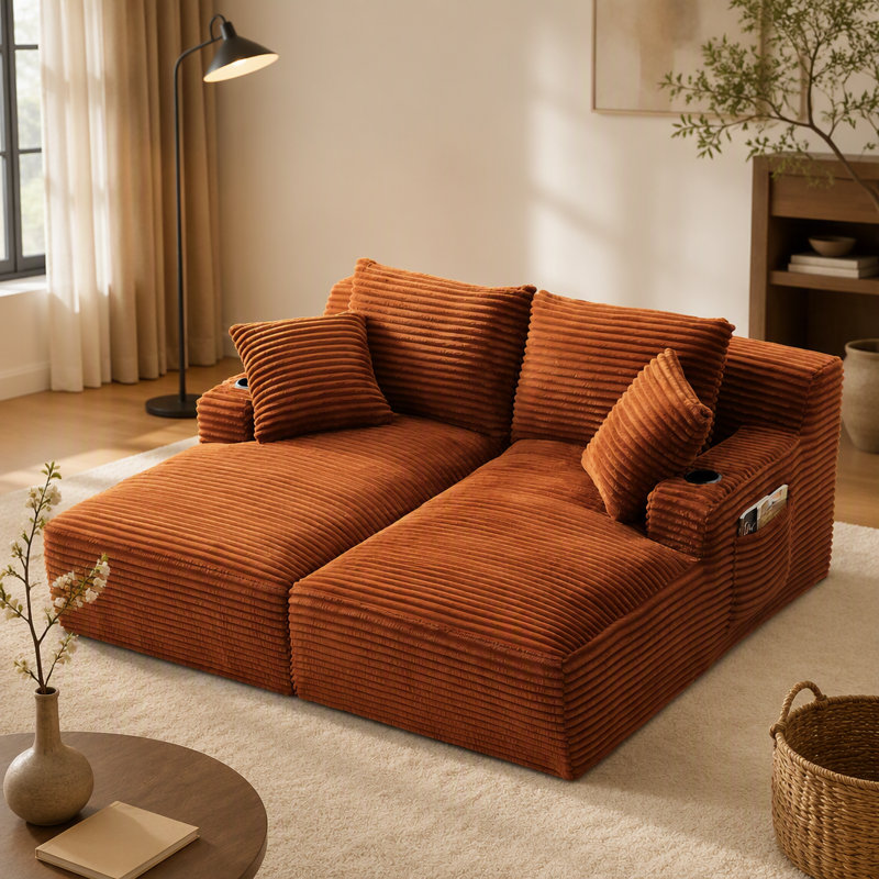 Méridienne double compressible avec porte-gobelets - aucun assemblage, causeuse moelleuse moderne pour une détente intérieure