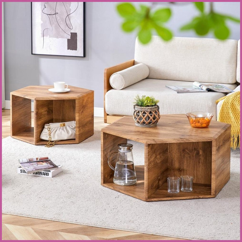 Table basse hexagonale moderne en MDF avec rangement, facile à nettoyer pour le salon, Bois blanc, Bois manufacturé