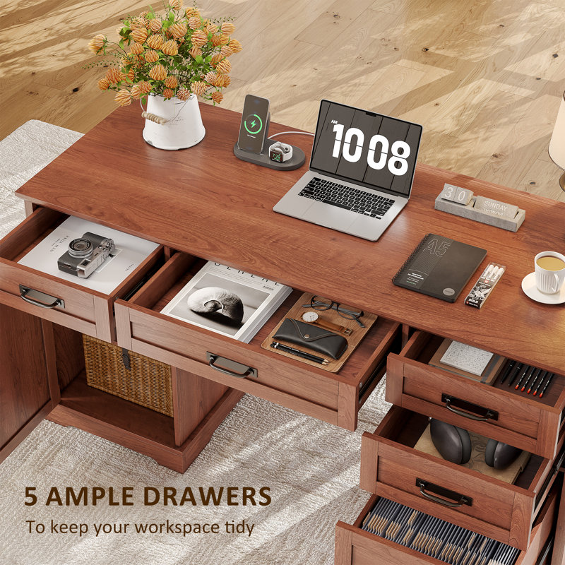 Cherry Brown 55'' Wood Executive Desk with Drawers and Power Outlets