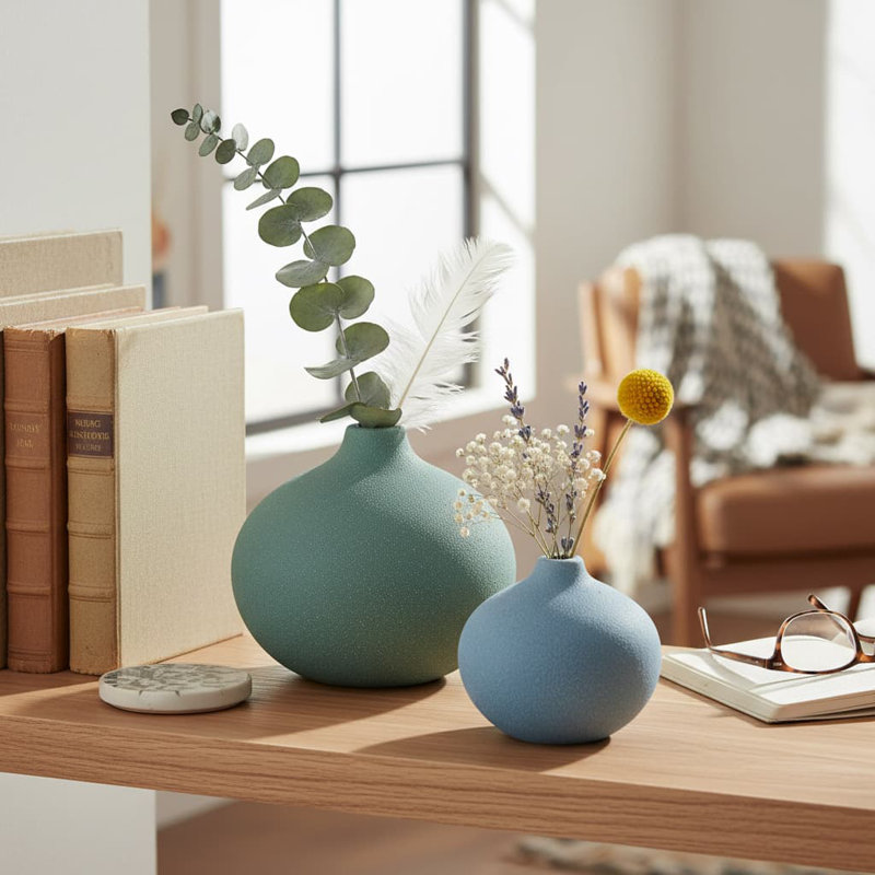 3-Piece 5" Modern Ceramic Vase Set - Mini Flower Vases for Home Table Centerpiece Living Room Shelf, Green/Blue