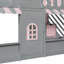 Lit superposé double au dessus d'un lit double avec escalier de rangement et tablettes, structure de lit superposé en bois pour enfants avec maisonnette, toit et porte, marches de rangement et tablettes ouvertes, gris et rose-1328343692