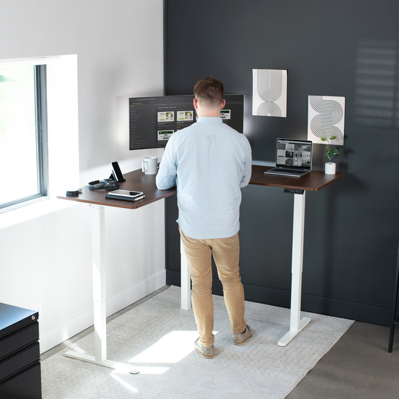 Dark Walnut and Black L-Shaped Adjustable Standing Desk with Keyboard Tray