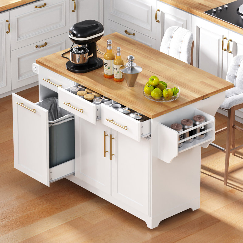 59" Wide Rolling Kitchen Island with Solid Wood Drop Leaf, Built-in Outlets & Pull-Out Trash Can Cabinet, White