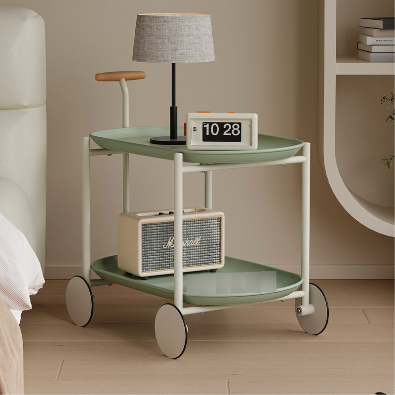 Chariot de rangement Moon pour le salon et la cuisine, chariot mobile nordique avec tablette double couche, structure en forme de T, 0 odeur, petit îlot, chariot de cuisine de forme rectangulaire, espace de tablette de style,
