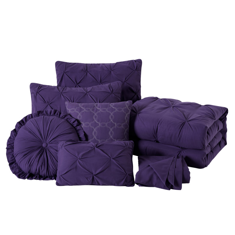 Sydney Pintuck Microfiber 7 Piece Comforter Set, Queen Comforter + 6 Additional Pieces, Purple