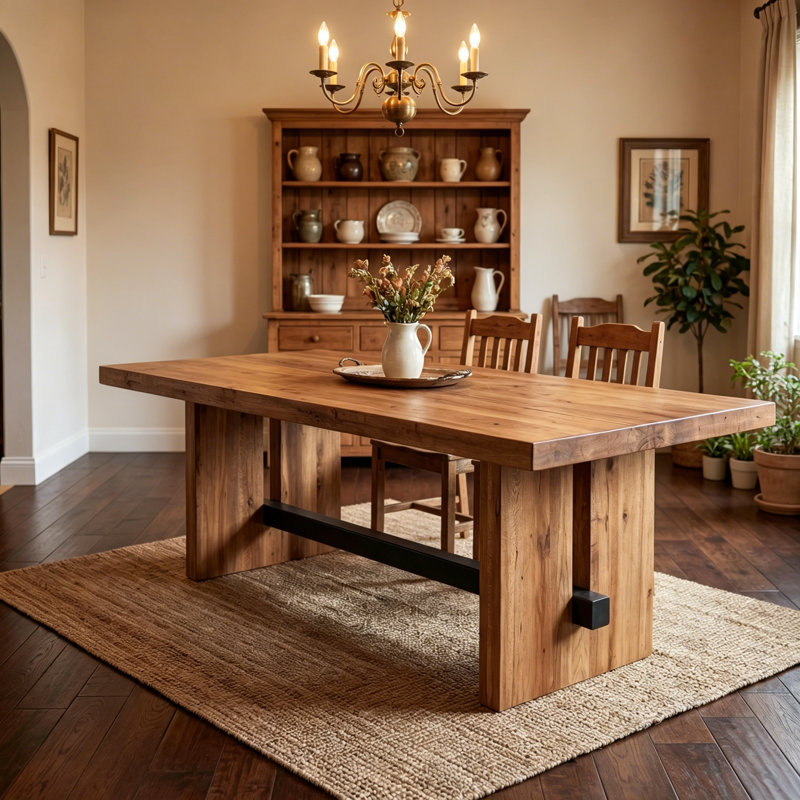Rustic Rectangular Solid Wood Farmhouse Dining Table with Sturdy Wooden Legs and Metal Cross Support