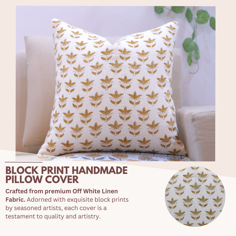 Linen Pillow Cover, Gold/White Floral 3, 22"H x 22"W, Square