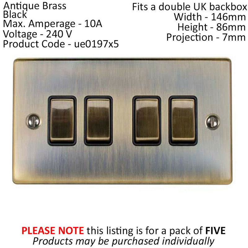 5 PACK 4 Gang Quad Light Switch ANTIQUE BRASS 2 Way 10A Black Trim, Antique Brass, Gold