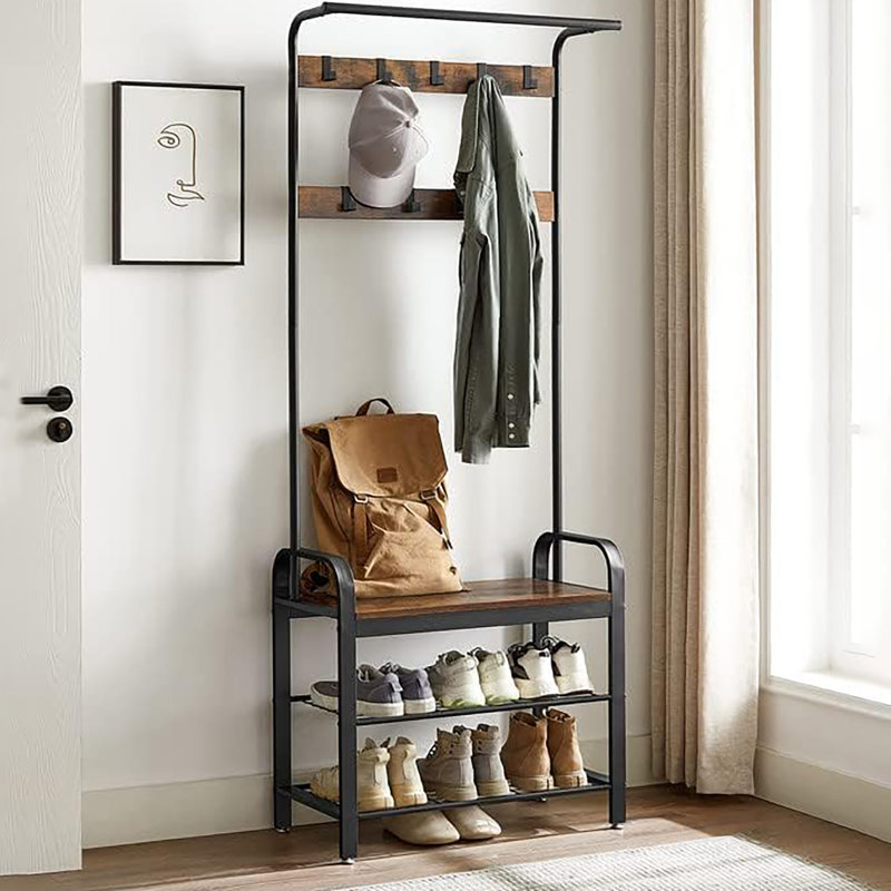 Arbre d'entrée 28 po 4 en 1 pour vestibule, portemanteau avec banc à chaussures, 9 crochets amovibles et tringle à vêtements