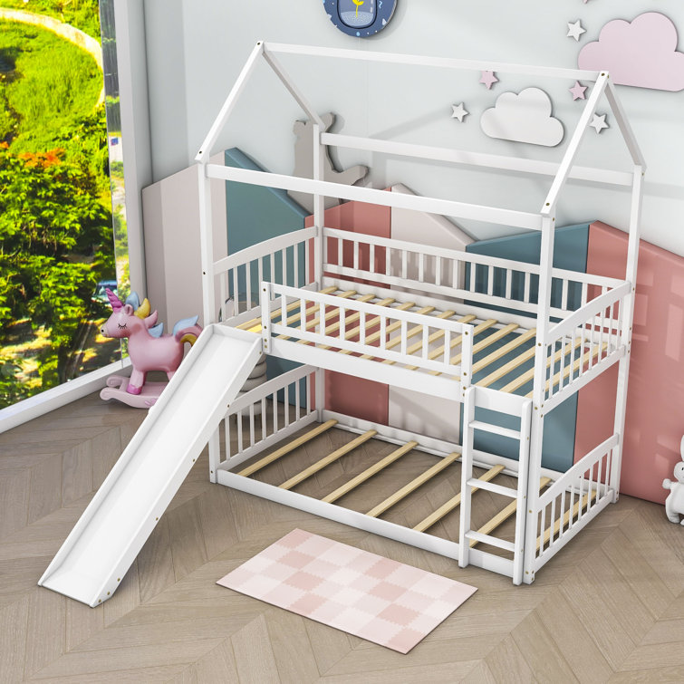 Twin Over Twin Wooden Standard Bunk Bed with Slide (incomplete 1 box only)(color may vary as shown in photo)