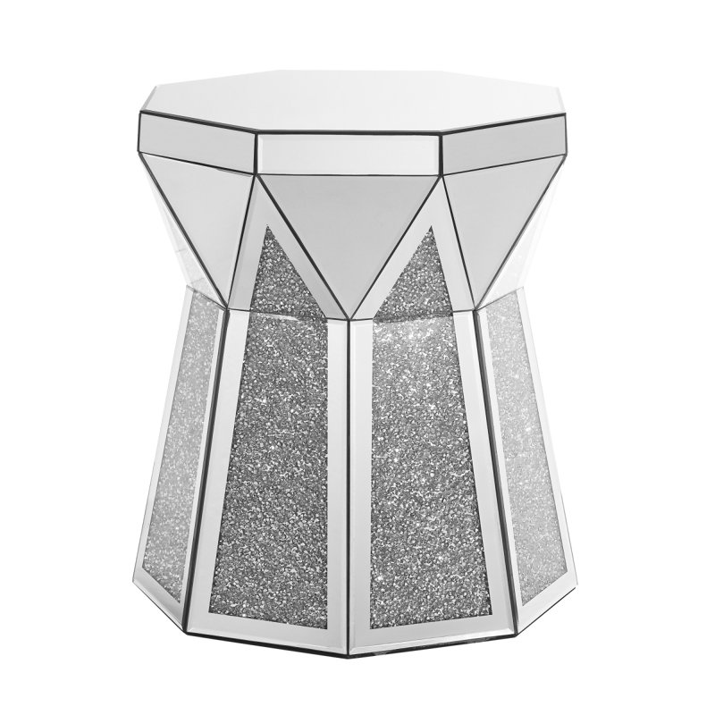 Drum Style Coffee Table With Mirror Crystal Inlay, Polygonal Silver Decorative Table, Modern Design Luxury Modern Furniture, 20 Inch (About 50 Centimeters) Low Coffee Table, Suitable For Living Room