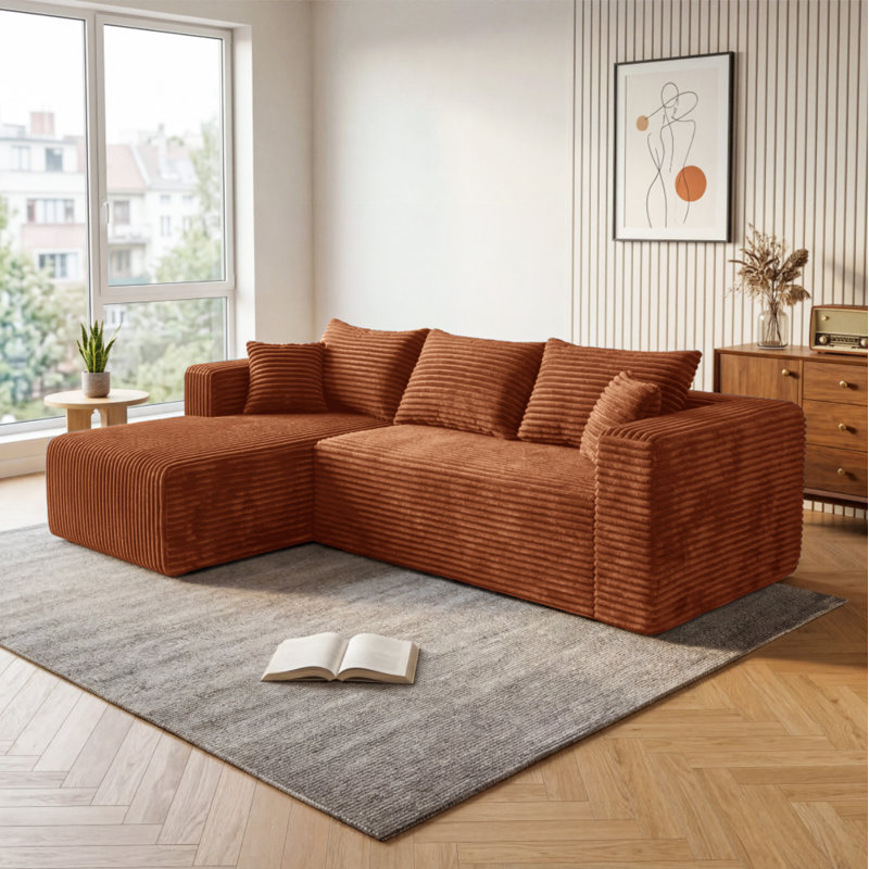 Canapé d'angle modulaire en flanelle de 276 cm (108,66 po), livré en rouleau avec 5 coussins, aucun assemblage requis, orange