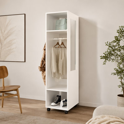 Armoire 63"H, with 3 Shelves, 1 Mirror, and 4 Wheels, White