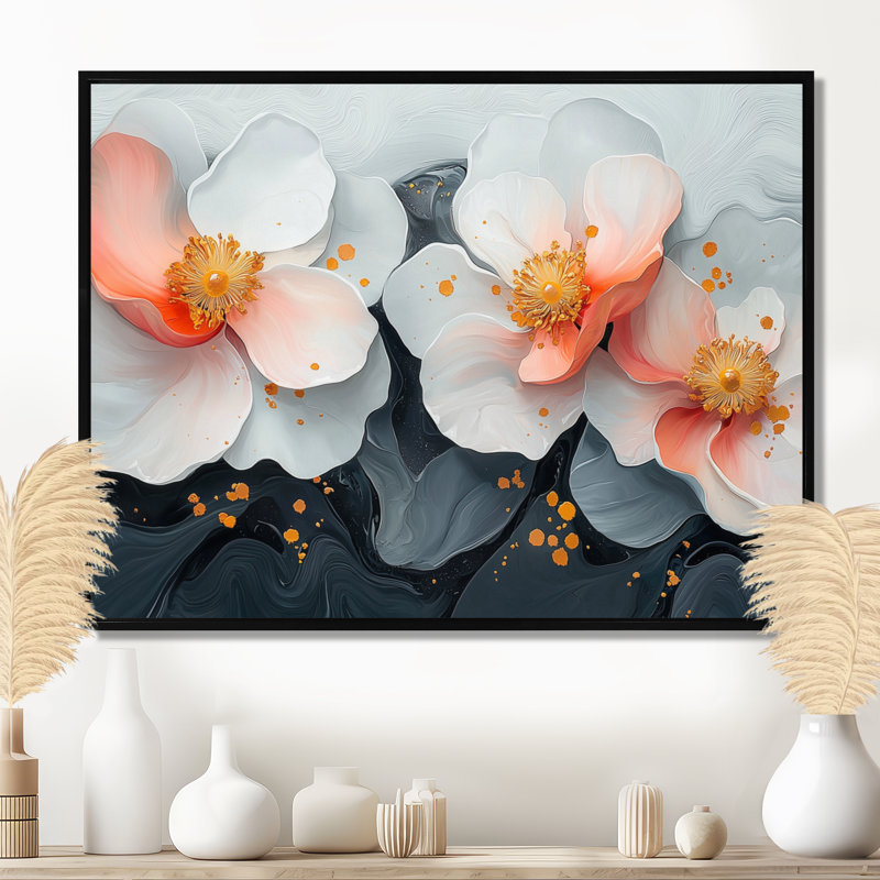 Mou rose, fleurs blanches et pures - Art mural, H 24 po x l 32 po, Cadre flottant, Noir