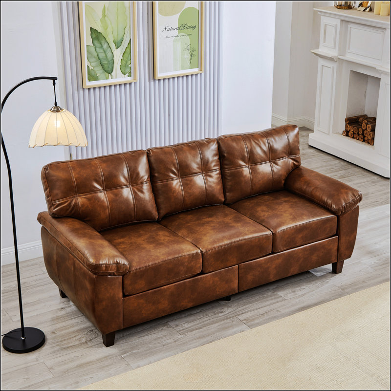 79" Three Seater Sofa,Faux Leather Couch,Cushioned Back, Brown