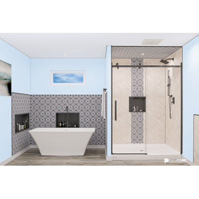 CLASSIC CHAMPAGNE 3 WALL SHOWER SURROUND KIT WITH BRUSHED GOLD TRIM AND BRADFORD DESIGN PANEL FOR UP TO 48X48X48X96H