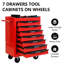 Chariot à outils à roulettes à 7 tiroirs en acier laminé à froid rouge et noir, glissières à roulement, capacité de charge de 15 kg, 4 roulettes pivotantes et 2 roulettes en métal, frein