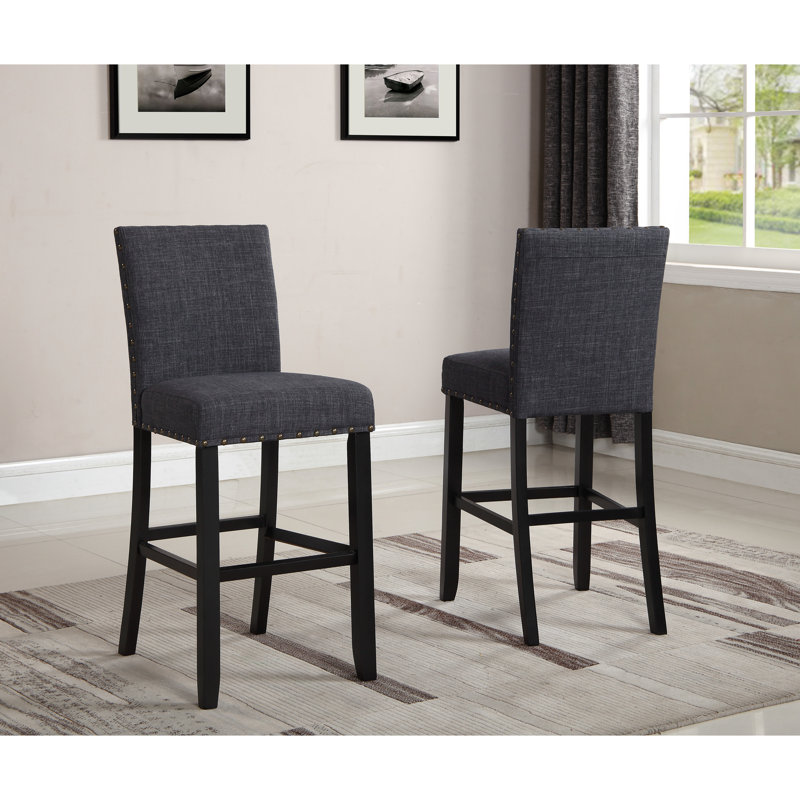 2 tabourets de bar gris - structure en bois franc et tête de clou, H 44 po, siège H 30 po, 16 po x 23 po 2 bois massif, garniture, dimensions 16 po x 23 po