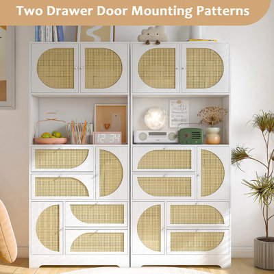 Armoire de rangement avec portes en rotin, huche autoportante avec prise de courant, 4 portes, 4 tiroirs