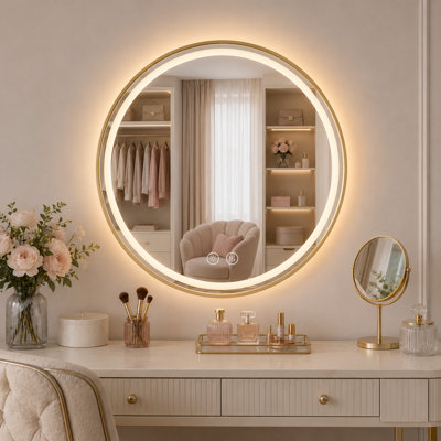 Miroir de salle de bain encadré rond rétroéclairé à DEL avec anneau de lumière givré, 3 lumières à intensité variable, anti-buée, verre incassable, commande tactile, miroir de meuble-lavabo mural