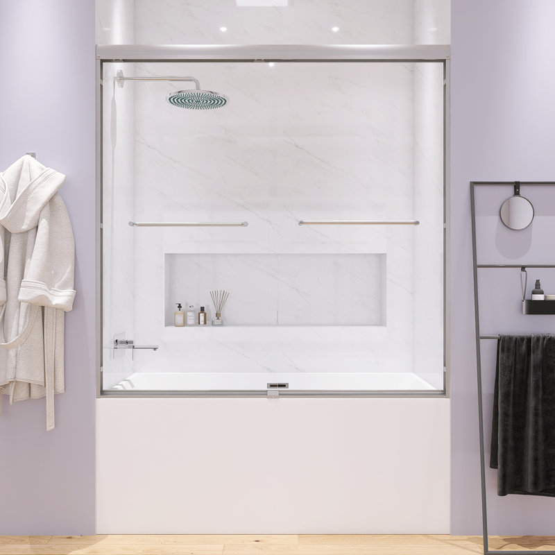 60" W X 58" Semi-Frameless Bypass Tub Door, Double Sliding Bathtub Shower Door With 1/4" (6Mm) Tempered Glass, Brushed Nickel