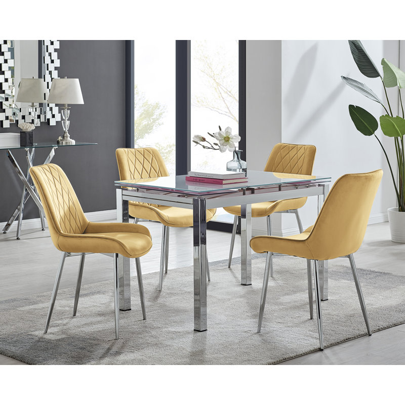 Tierra Modern Glass & Metal Extendable Dining Table Set & 6 Luxury Upholstered Velvet Dining Chairs, Black/Silver, Black