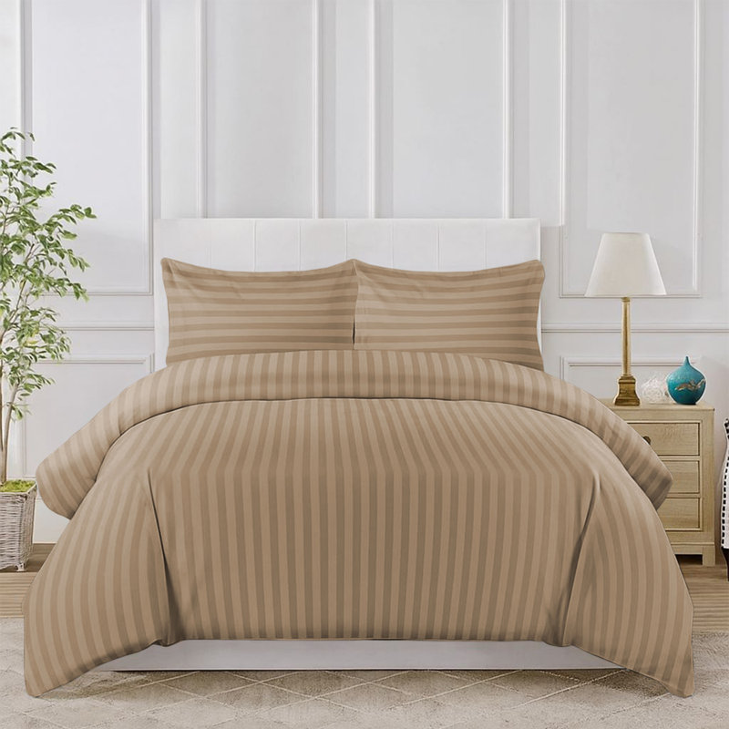 Luxurious 3-Piece Ultra Soft Stripe Duvet Cover Set with Pillowcases, Beige, Double Duvet Cover Set + 2 Standard Pillowcases