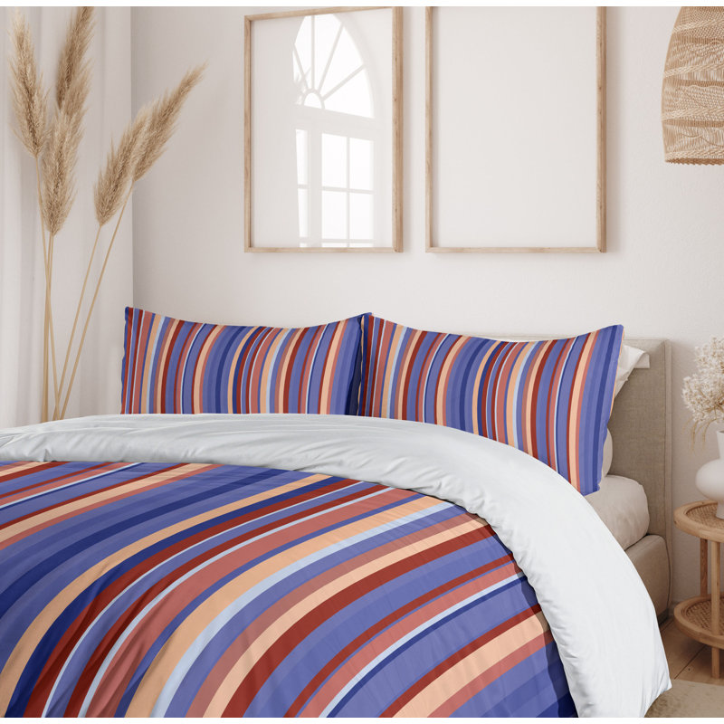 Queen Violet Blue Salmon Striped Microfiber Duvet Cover Set